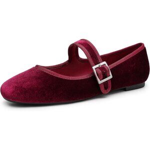Trary Women's Burgundy Velvet Square Toe Buckle Strap Ballet Mary Jane Shoes